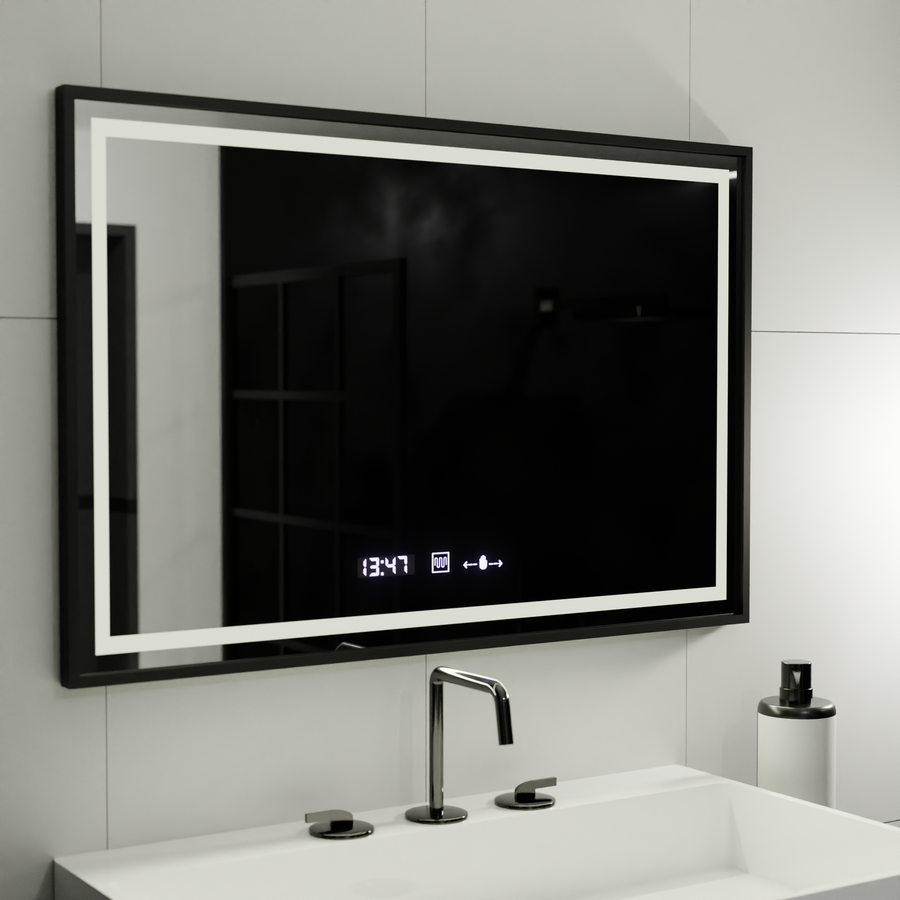 Négyszögletű LED-es tükör, 120x80 cm, Verite Majeste Noir Motion Glow Marcello, páramentesítő rendszer, óra és hőmérő, szabályozható tükrök Marcello alapértelmezett cím Alessandro Design