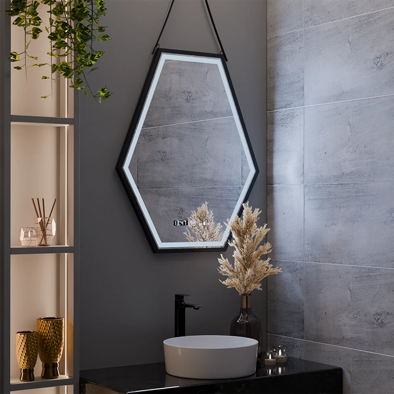Téglalap alakú LED -tükör, 120x80 cm, MotionGlow Marcello érzékelő, letiltási rendszer, óra és hőmérő, kozmetikai nagyító