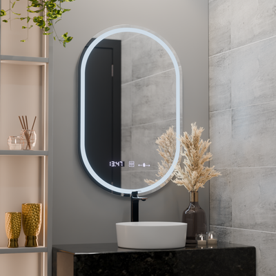 Ovális LED-es tükör, 50x80cm, Eminence MotionGlow Marcello, Páramentesítő rendszer, Óra és hőmérő, Szabályozható