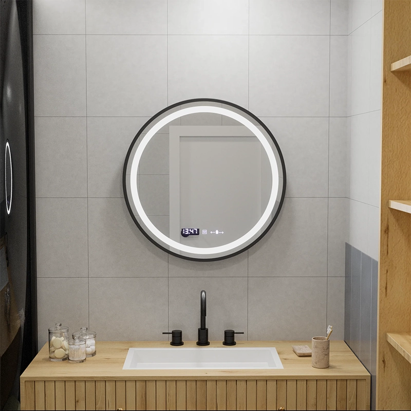 LED kerek tükör, 60 cm, Celeste Majesté Noir MotionGlow Marcello, páramentesítő rendszer, óra és hőmérő, szabályozható