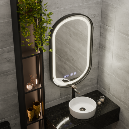 Helmut LED Touch Mirror páramentesítő rendszer, óra és hőmérséklet 50x80 cm fekete keret szálcsiszolt Marcello Funghi