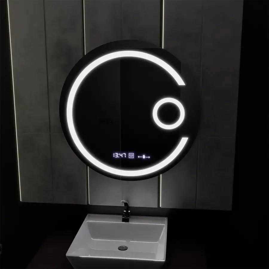 LED kerek tükör, 60 cm, Visio MotionGlow Marcello, páramentesítő rendszer, óra és hőmérő, kozmetikai nagyító, szabályozható tükrök Marcello alapértelmezett cím Alessandro Design