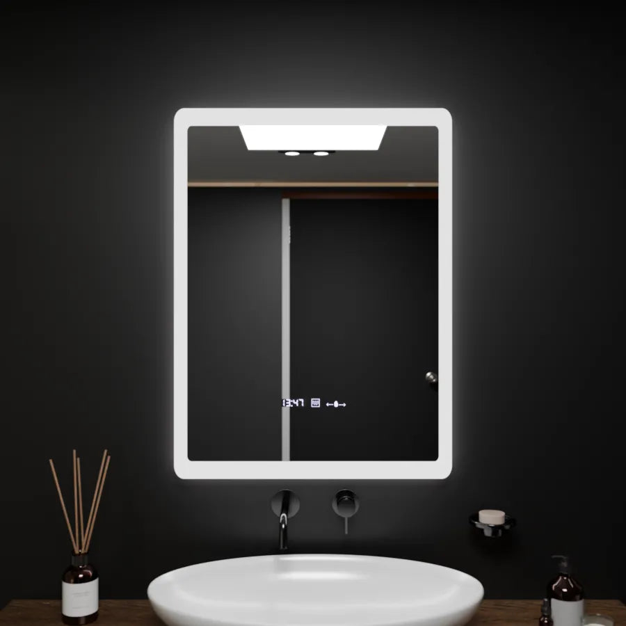 Négyszögletű LED-es tükör, 60x80 cm, ELANCEE MotionGlow Marcello érzékelő, páramentesítő rendszer, óra és hőmérő, szabályozható tükrök Marcello alapértelmezett cím Alessandro Design