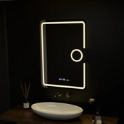 Négyszögletű LED-es tükör, 50x70 cm, Eclat MotionGlow Marcello, páramentesítő rendszer, óra és hőmérő, kozmetikai nagyító, szabályozható Marcello tükrök alapértelmezett cím Alessandro Design