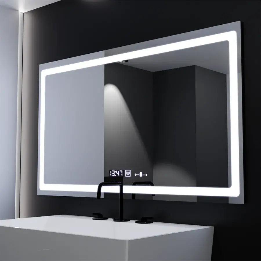Négyszögletű LED-es tükör, 120x70 cm, Marcello sugárzó MotionGlow érzékelő, páramentesítő rendszer, óra és hőmérő, szabályozható Marcello tükrök alapértelmezett cím Alessandro Design