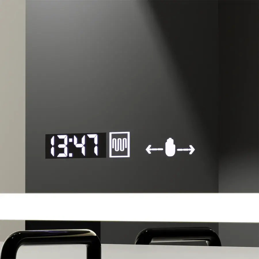 Négyszögletű LED-es tükör, 120x70 cm, Marcello sugárzó MotionGlow érzékelő, páramentesítő rendszer, óra és hőmérő, szabályozható Marcello tükrök alapértelmezett cím Alessandro Design