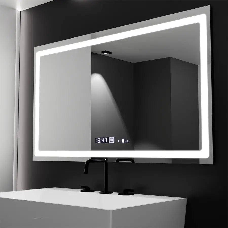 Négyszögletű LED-es tükör, 120x70 cm, Marcello sugárzó MotionGlow érzékelő, páramentesítő rendszer, óra és hőmérő, szabályozható Marcello tükrök alapértelmezett cím Alessandro Design