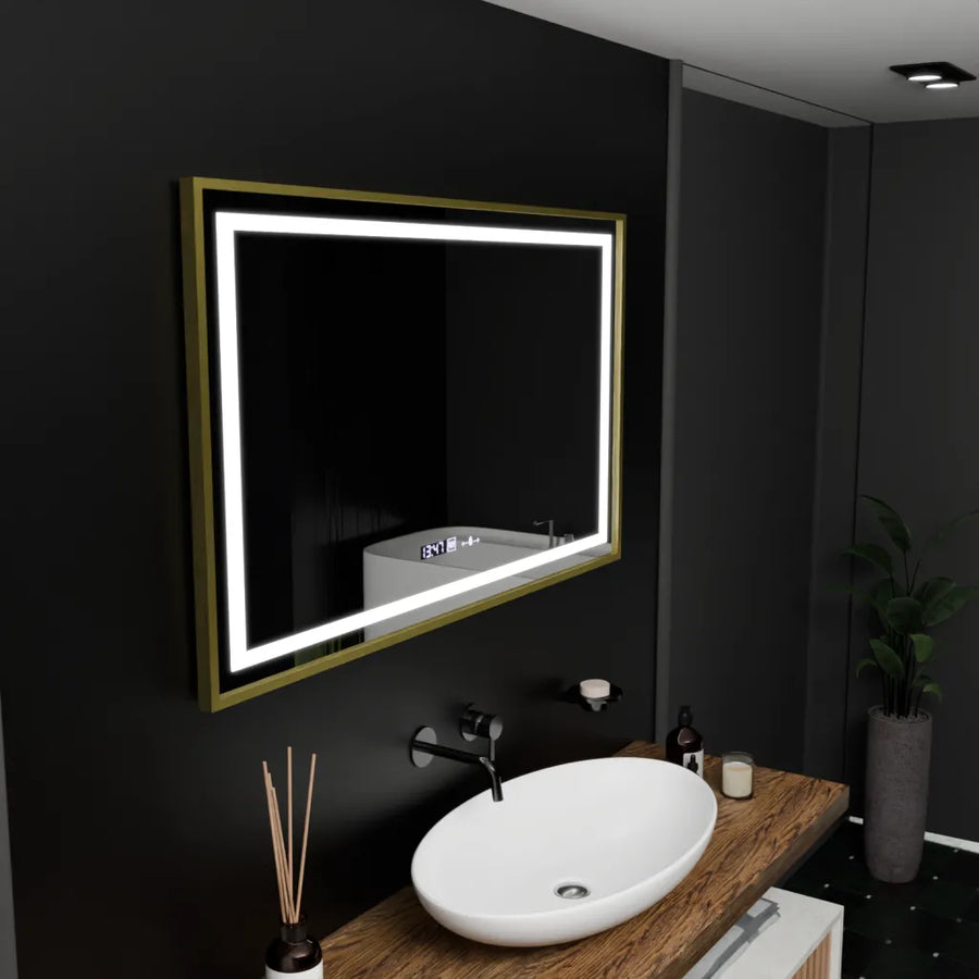 Négyszögletű LED-es tükör, 100x80 cm, Verite Royale Gold Motion Glow Marcello, páramentesítő rendszer, óra és hőmérő, szabályozható tükrök Marcello alapértelmezett cím Alessandro Design