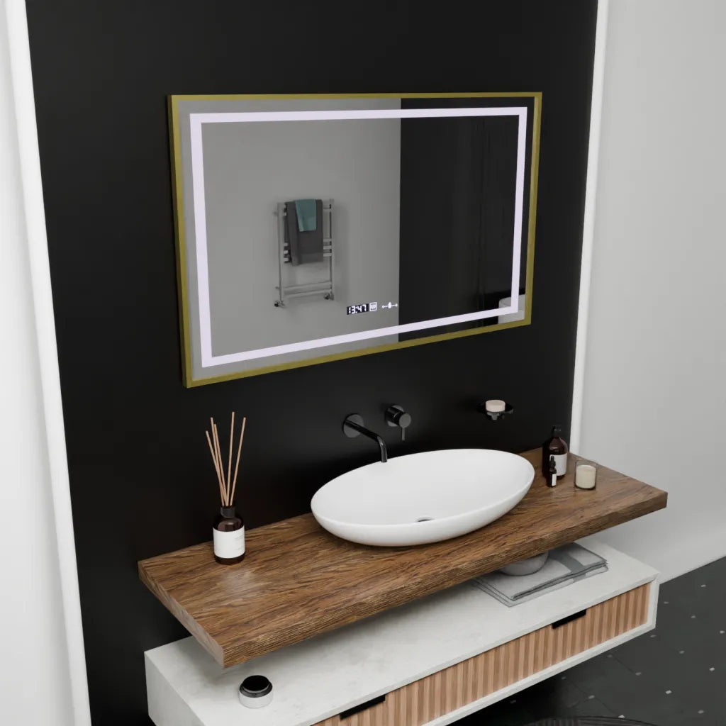 Négyszögletű LED-es tükör, 100x80 cm, Verite Royale Gold Motion Glow Marcello, páramentesítő rendszer, óra és hőmérő, szabályozható tükrök Marcello alapértelmezett cím Alessandro Design