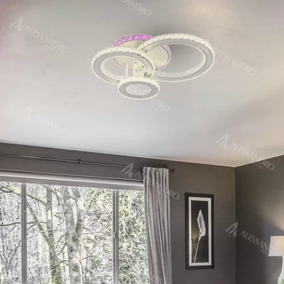 LED csillár távirányítóval és kristály LEOCADIA RGB 134W, 3 kör, hideg/meleg/semleges fény, szabályozható, fehér