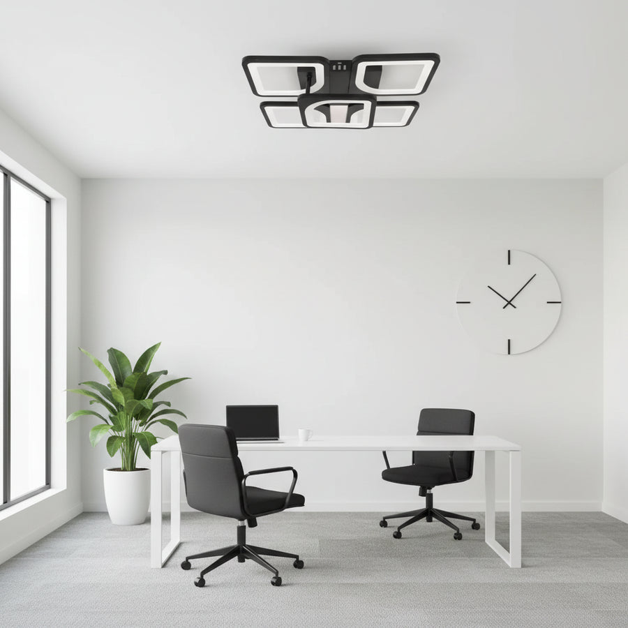 LED-es csillár távirányítóval ZOE 65W, 5 négyzet, hideg/meleg/semleges fény, szabályozható, fekete LED-es csillárok távirányítóval Alapértelmezett cím Alessandro Design