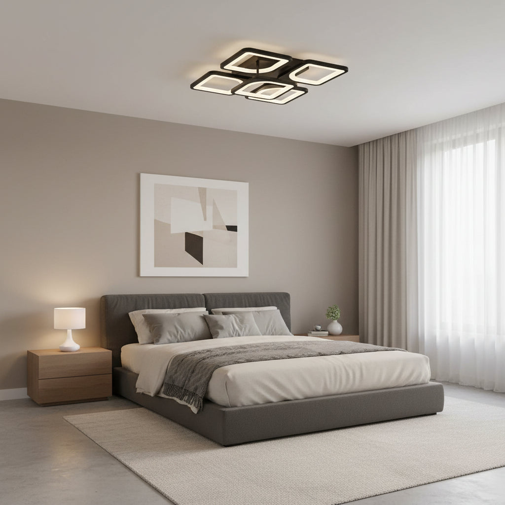 LED-es csillár távirányítóval ZOE 65W, 5 négyzet, hideg/meleg/semleges fény, szabályozható, fekete LED-es csillárok távirányítóval Alapértelmezett cím Alessandro Design