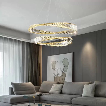 Függesztett LED-es csillár távirányítóval és kristály CAIRO 98W, 2 kör, hideg/meleg/semleges fény, szabályozható, fényes arany, állítható magasságú kristály LED csillárok alapértelmezett cím Alessandro Design