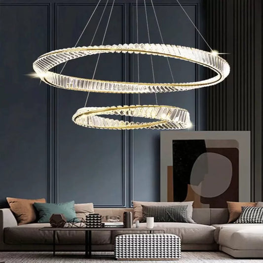 Függesztett LED-es csillár távirányítóval és kristály CAIRO 98W, 2 kör, hideg/meleg/semleges fény, szabályozható, fényes arany, állítható magasságú kristály LED csillárok alapértelmezett cím Alessandro Design