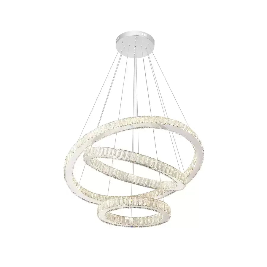 Függesztett LED csillár távirányítóval és kristály CAYDEN 200W, 3 kör, hideg/meleg/semleges fény, szabályozható, fényes króm, állítható magasságú LED csillár Alapértelmezett cím Alessandro Design