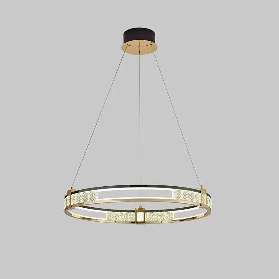 Függesztett LED-es csillár távirányítóval és kristály ROGER 80W, 1 kör, hideg/meleg/semleges fény, szabályozható, fényes arany, állítható magasságú kristály LED csillárok alapértelmezett cím Alessandro Design
