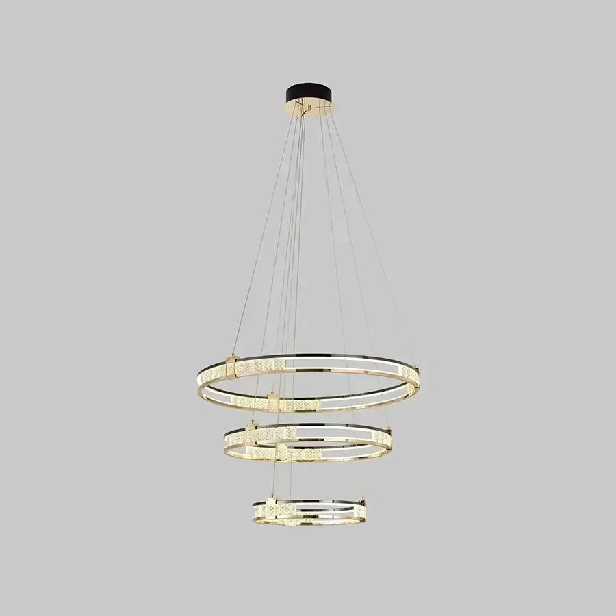 Függesztett LED-es csillár távirányítóval és kristály ROGER 150W, 3 kör, hideg/meleg/semleges fény, szabályozható, fényes arany, állítható magasságú kristály LED-csillárok Alapértelmezett cím Alessandro Design