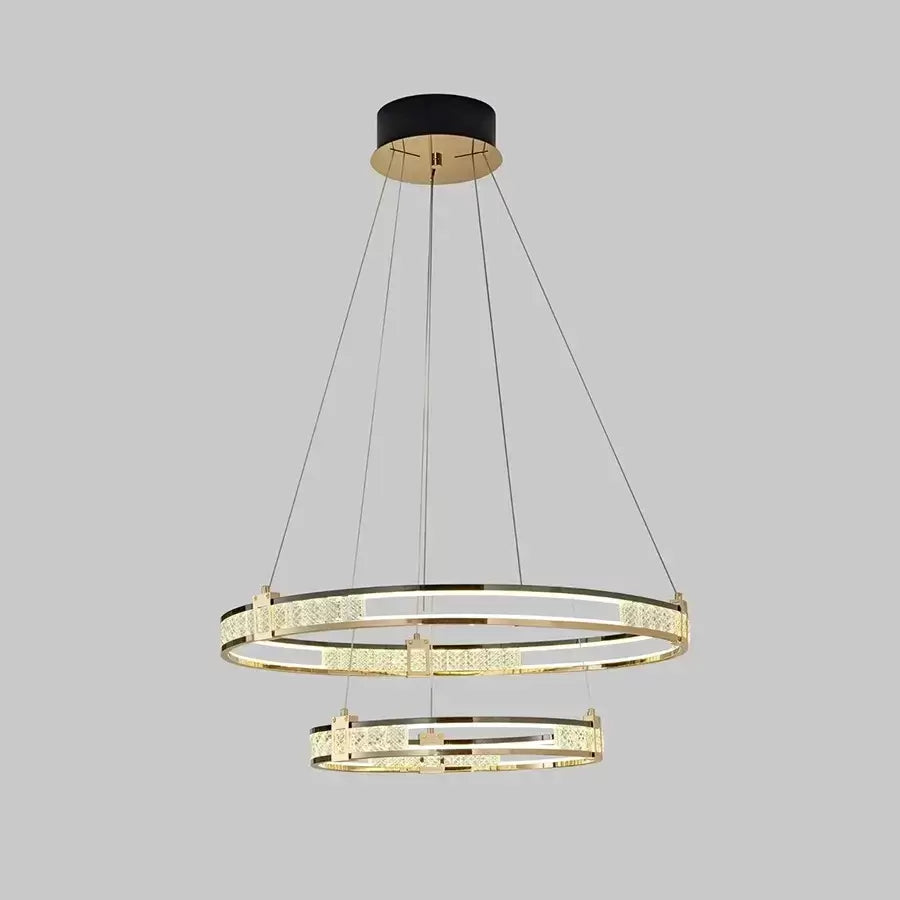 Függesztett LED-es csillár távirányítóval és kristály ROGER 100W, 2 kör, hideg/meleg/semleges fény, szabályozható, fényes arany, állítható magasságú kristály LED csillárok Alapértelmezett cím Alessandro Design