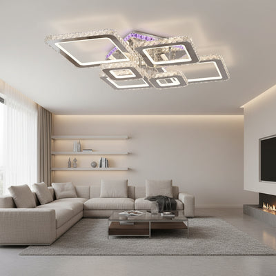 LED csillár távirányítóval és kristály NOVA RHOMBA RGB 168W, 6 négyzet, hideg/meleg/semleges fény, szabályozható, fényes króm