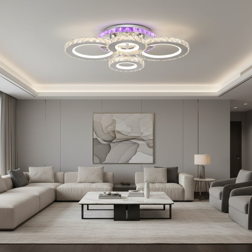 LED csillár távirányítóval és kristály NOVA ROTONDA RGB 82W, 4 kör, hideg/meleg/semleges fény, szabályozható, króm LED csillárok és kristályok Alapértelmezett cím Alessandro Design