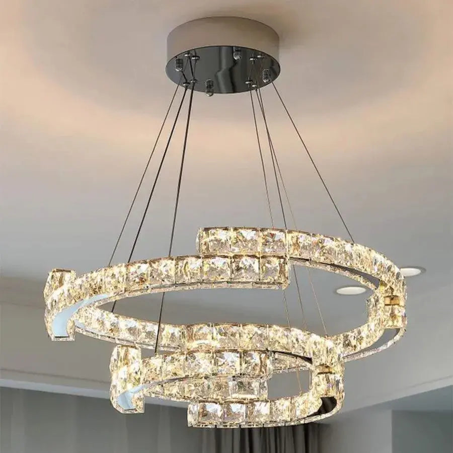 Függesztett LED-es csillár távirányítóval és kristály MIA LATIFAH 55W, 2 kör, hideg/meleg/semleges fény, szabályozható, fényes króm, állítható magasságú LED csillárok távirányítóval Alapértelmezett cím Alessandro Design