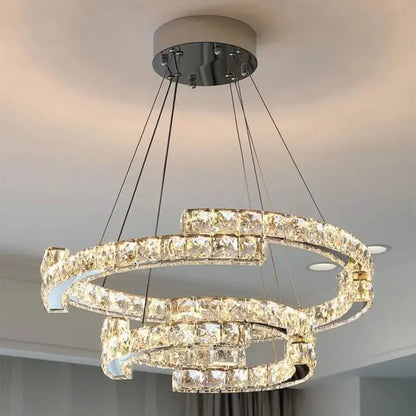 Függesztett LED-es csillár távirányítóval és kristály MIA LATIFAH 55W, 2 kör, hideg/meleg/semleges fény, szabályozható, fényes króm, állítható magasságú LED csillárok távirányítóval Alapértelmezett cím Alessandro Design
