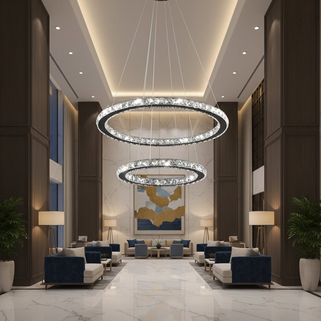 LED csillár távirányítóval és kristály PRISM LUMINIS 58W, 2 kör, hideg/meleg/semleges fény, szabályozható, króm és fehér, állítható magasságú LED csillárok távirányítóval Alapértelmezett cím Alessandro Design