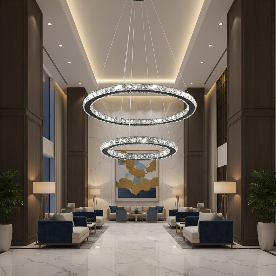 LED csillár távirányítóval és kristály PRISM LUMINIS 58W, 2 kör, hideg/meleg/semleges fény, szabályozható, króm és fehér, állítható magasságú LED csillárok távirányítóval Alapértelmezett cím Alessandro Design