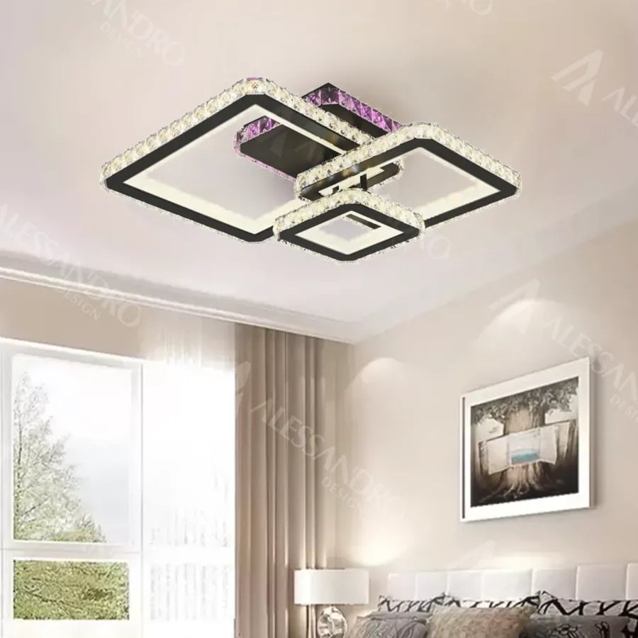 LED-csillár távirányítóval és kristály BLAKELY RGB 166W, 3 négyzet, hideg/meleg/semleges fény, szabályozható, fekete kristály LED csillárok alapértelmezett cím Alessandro Design