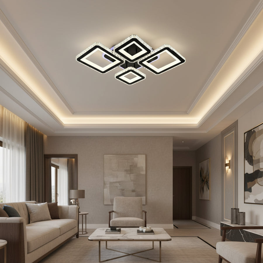 LED csillár távirányítóval és kristály QUADRIS RGB 96W, 4 négyzet, hideg/meleg/semleges fény, szabályozható, fekete LED csillárok távirányítóval Alapértelmezett cím Alessandro Design