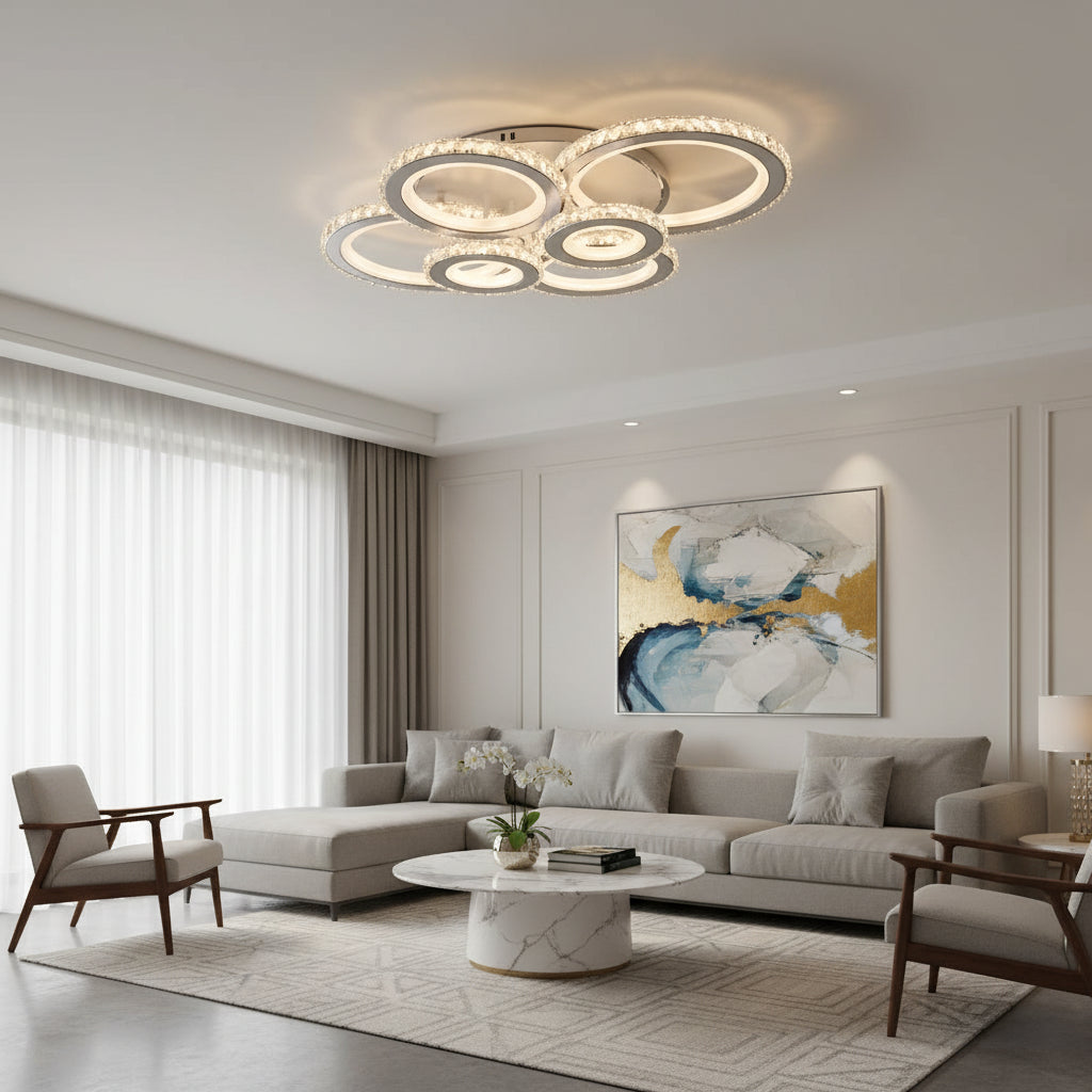 LED csillár távirányítóval és kristály NOVA ROTONDA RGB 145W, 6 kör, hideg/meleg/semleges fény, szabályozható, fehér kristály LED csillárok Alapértelmezett cím Alessandro Design