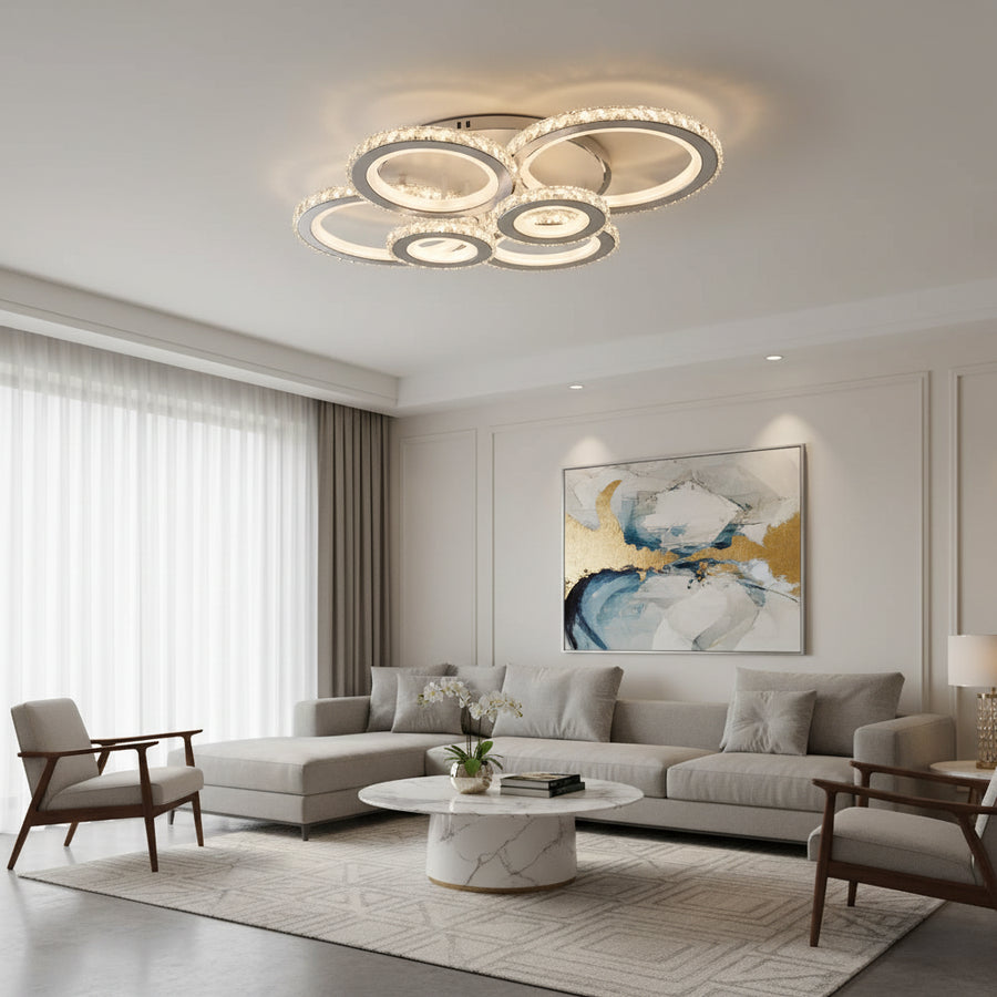 LED csillár távirányítóval és kristály NOVA ROTONDA RGB 145W, 6 kör, hideg/meleg/semleges fény, szabályozható, fehér kristály LED csillárok Alapértelmezett cím Alessandro Design