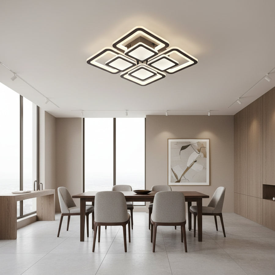 LED-es csillár távirányítóval SUSAN 96W, 4 négyzet, hideg/meleg/semleges fény, szabályozható, fekete LED-es csillárok távirányítóval Alapértelmezett cím Alessandro Design