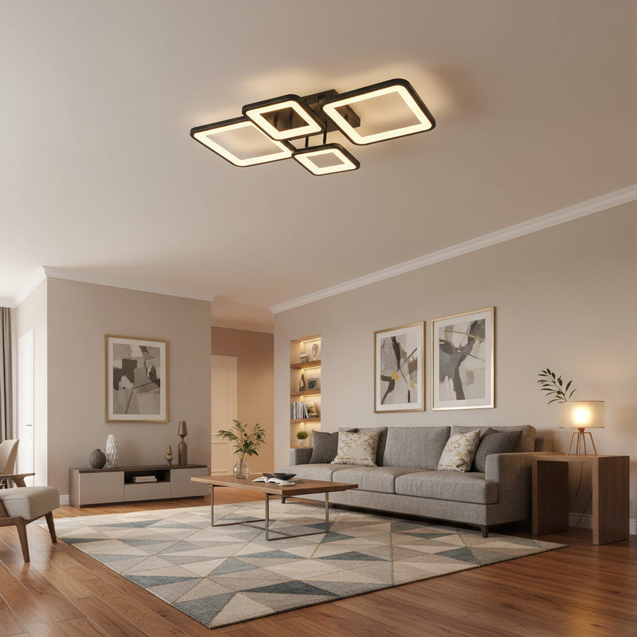 LED csillár távirányítóval MUGE 112W, 4 négyzet, hideg/meleg/semleges fény, szabályozható, fekete LED csillárok távirányítóval Alapértelmezett cím Alessandro Design
