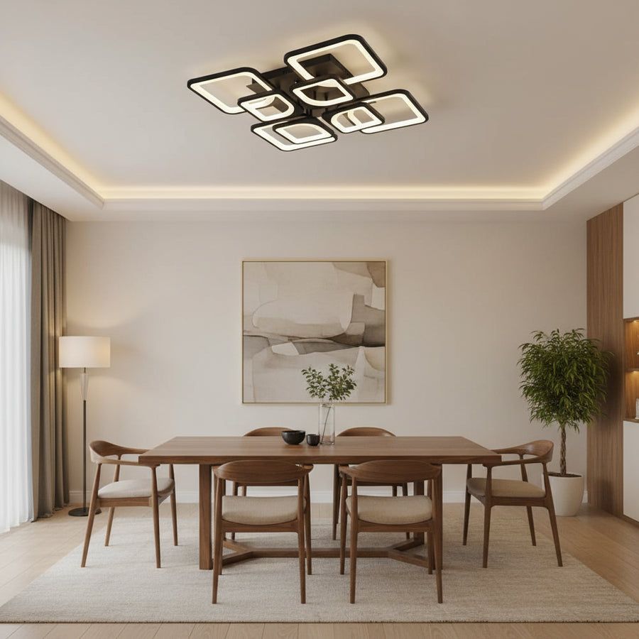 LED csillár ZOE távirányítóval, 8 négyzet, 138 W, hideg/meleg/semleges fény, szabályozható, fekete