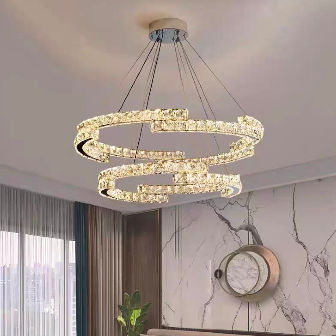 Függesztett LED-es csillár távirányítóval és kristály MIA LATIFAH 55W, 2 kör, hideg/meleg/semleges fény, szabályozható, fényes króm, állítható magasságú LED csillárok távirányítóval Alapértelmezett cím Alessandro Design