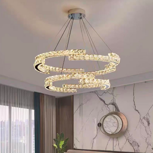 Függesztett LED-es csillár távirányítóval és kristály MIA LATIFAH 55W, 2 kör, hideg/meleg/semleges fény, szabályozható, fényes króm, állítható magasságú LED csillárok távirányítóval Alapértelmezett cím Alessandro Design