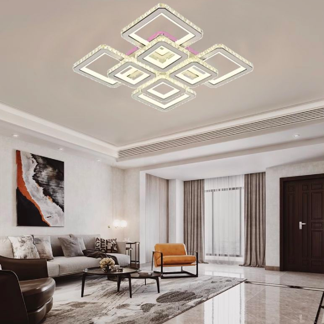 LED csillár távirányítóval és kristály LEILA 175W, 8 négyzet, hideg/meleg/semleges fény, szabályozható, fényes fehér króm LED csillárok távirányítóval Alapértelmezett cím Alessandro Design