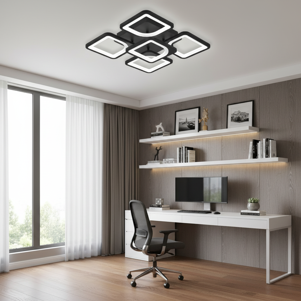 LED-es csillár távirányítóval ZOE 65W, 5 négyzet, hideg/meleg/semleges fény, szabályozható, fekete LED-es csillárok távirányítóval Alapértelmezett cím Alessandro Design