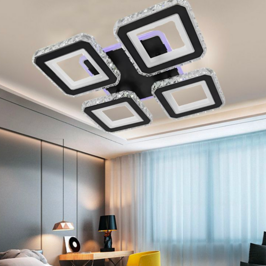 LED csillár távirányítóval és kristály LEILA RGB 69W, 4 négyzet, hideg/meleg/semleges fény, szabályozható, fekete LED csillárok távirányítóval Alapértelmezett cím Alessandro Design