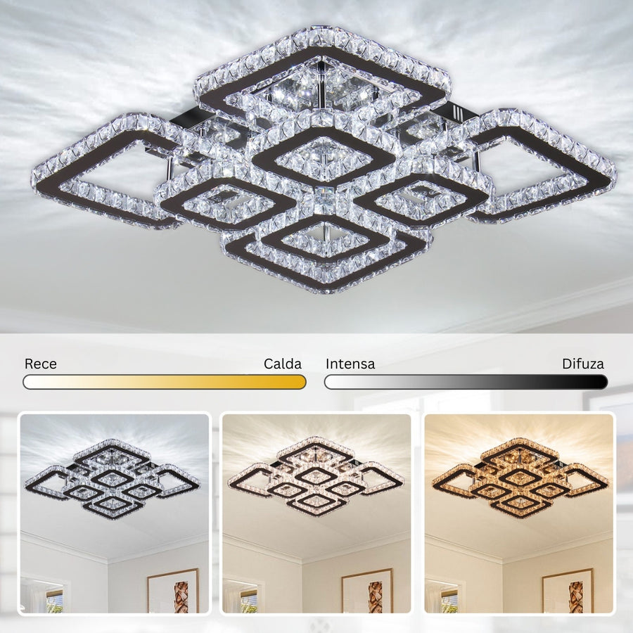 LED csillár távirányítóval és kristály QUADRIA SUPREMO RGB 168W, 8 négyzet, hideg/meleg/semleges fény, szabályozható, fényes króm LED csillárok távirányítóval Alapértelmezett cím Alessandro Design