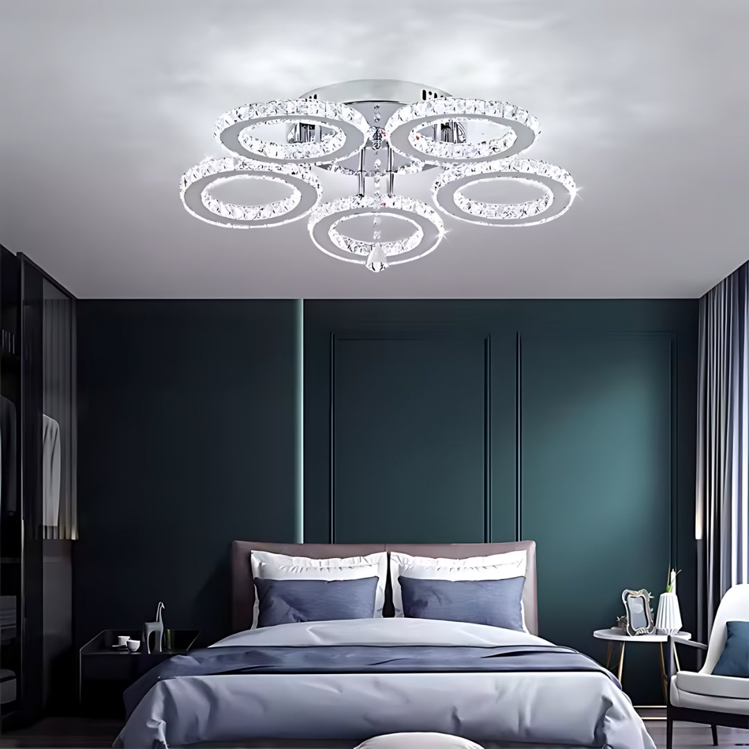 LED csillár távirányítóval és kristály ALANUBIS 80W, 5 kör, hideg/meleg/semleges fény, szabályozható, fényes króm kristály LED csillárok alapértelmezett cím Alessandro Design