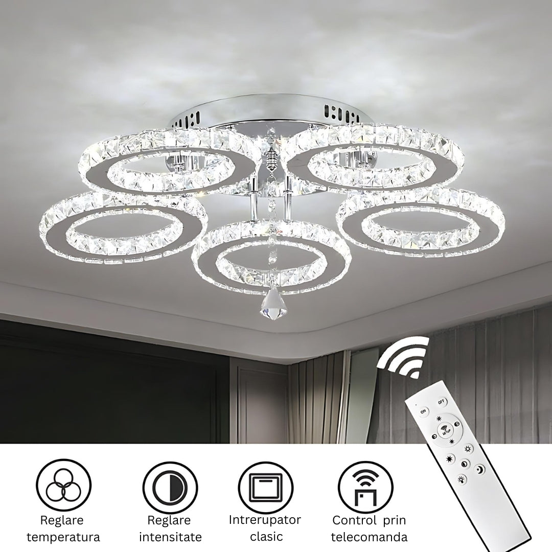 LED csillár távirányítóval és kristály ALANUBIS 80W, 5 kör, hideg/meleg/semleges fény, szabályozható, fényes króm kristály LED csillárok alapértelmezett cím Alessandro Design