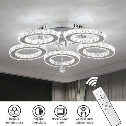 LED csillár távirányítóval és kristály ALANUBIS 80W, 5 kör, hideg/meleg/semleges fény, szabályozható, fényes króm kristály LED csillárok alapértelmezett cím Alessandro Design