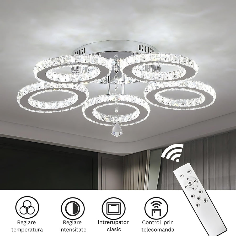 LED csillár távirányítóval és kristály ALANUBIS 80W, 5 kör, hideg/meleg/semleges fény, szabályozható, fényes króm kristály LED csillárok alapértelmezett cím Alessandro Design
