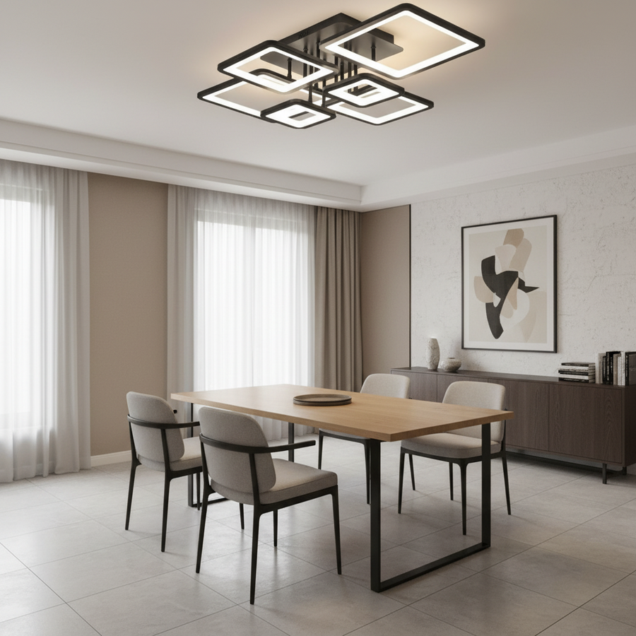 LED csillár távirányítóval ELLA 120W, 6 négyzet, hideg/meleg/semleges fény, szabályozható, fekete, fém és akril LED csillárok távirányítóval Alapértelmezett cím Alessandro Design