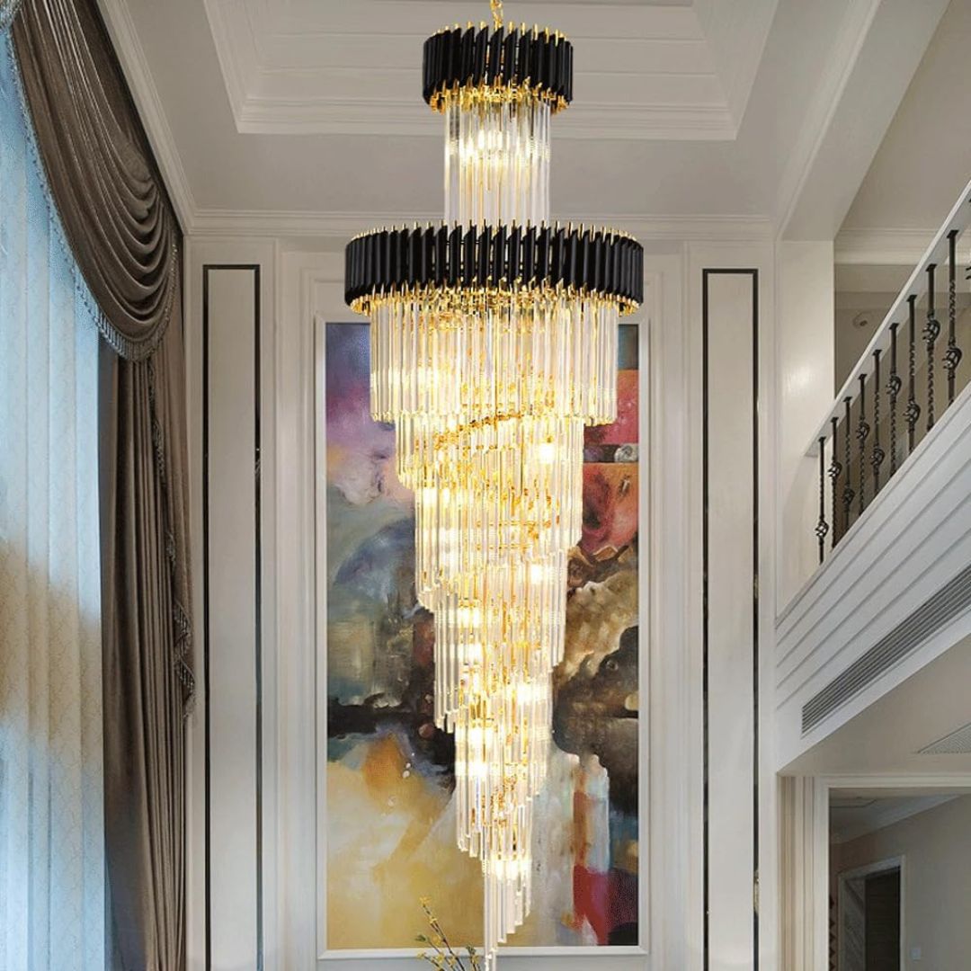 Candelabru Cristal CC900/700X2200, 34xE14, Diametru 70cm, Inaltime 220cm, Auriu Lucios si Negru, Inaltime Reglabila, Design Elegant Candelabre Cristal Default Title Alessandro Design