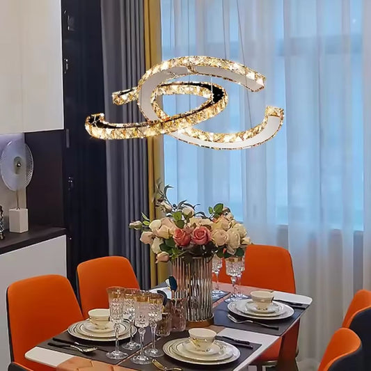 Függesztett LED-es csillár távirányítóval és kristály PRISM ANTEA 57W, 2 kör, hideg/meleg/semleges fény, szabályozható, fényes króm, állítható magasságú LED csillárok távirányítóval Alapértelmezett cím Alessandro Design