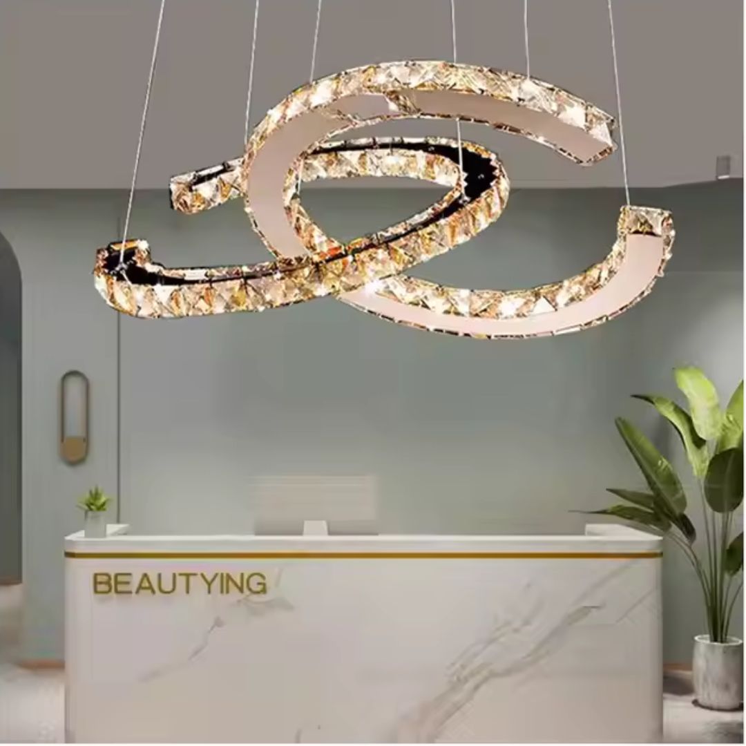 Függesztett LED-es csillár távirányítóval és kristály PRISM ANTEA 57W, 2 kör, hideg/meleg/semleges fény, szabályozható, fényes króm, állítható magasságú LED csillárok távirányítóval Alapértelmezett cím Alessandro Design