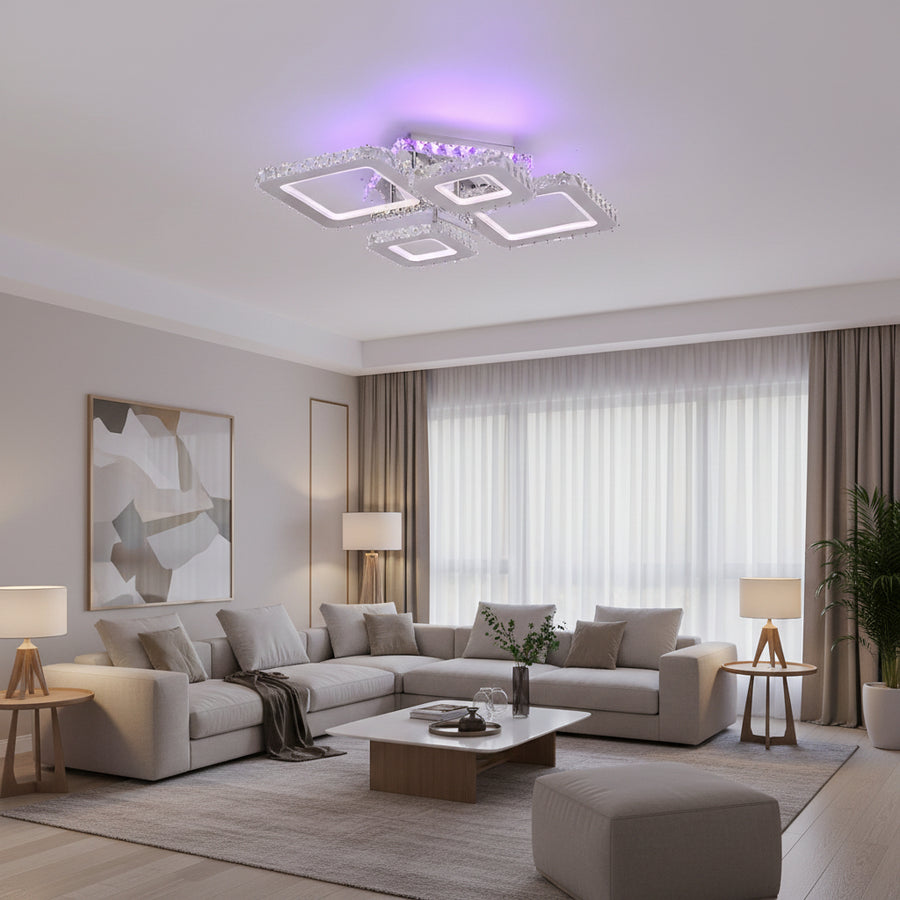 LED csillár távirányítóval és kristály NOVA RHOMBA RGB 95W, 4 négyzet, hideg/meleg/semleges fény, szabályozható, fényes króm LED csillárok és kristályok Alapértelmezett cím Alessandro Design